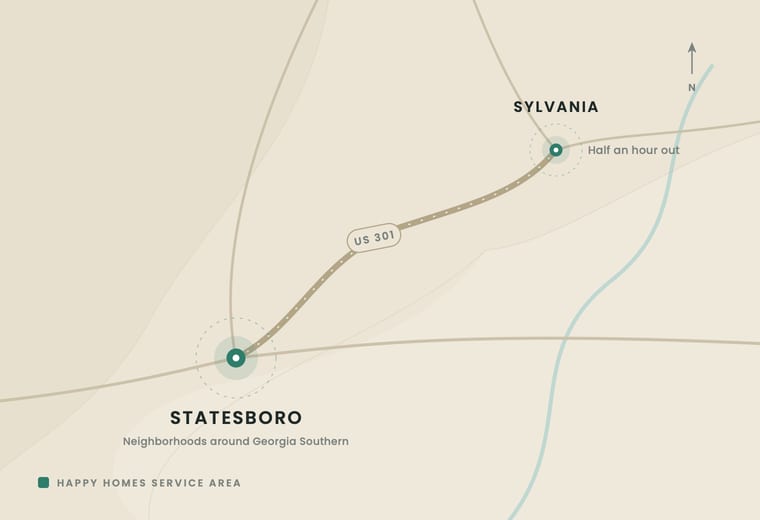 Map of Statesboro and Sylvania, Georgia with Happy Homes rentals marked